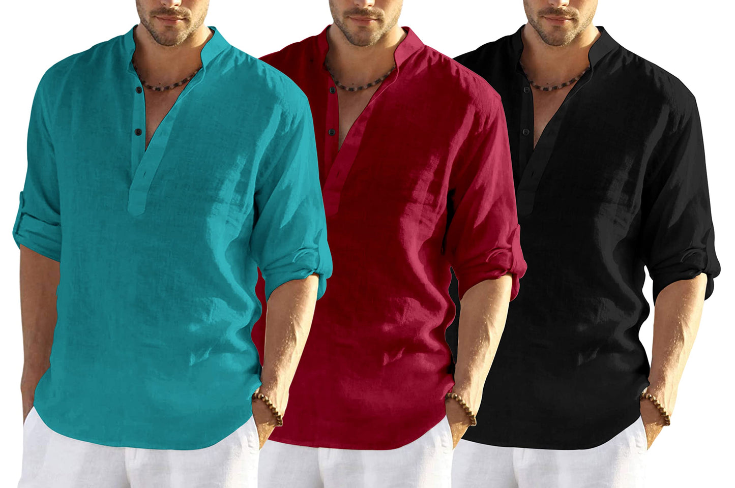 Hemrin Combo Of 3 MenS Cotton Blend Full Sleeve Short Kurta Shirt With Mandarin Collar