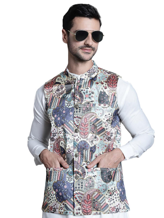 Jompers Mens Printed With Zari Work Waistcoat