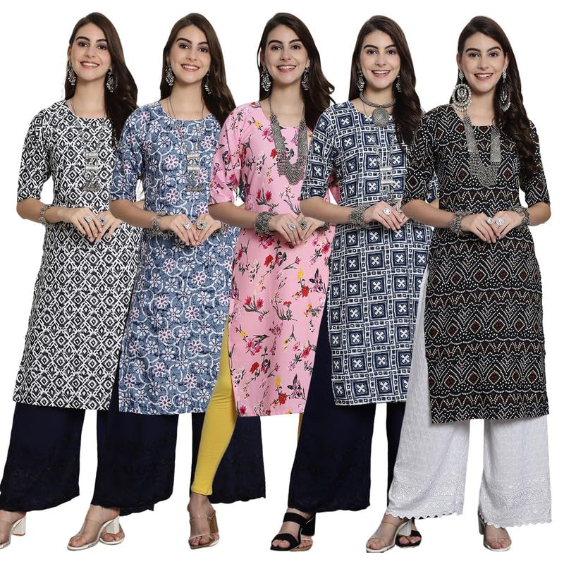 Pinkmint Crepe Printed Kurti For Womens College Wear Kurti Festival Wear Kurti For Women (Pack Of 5)