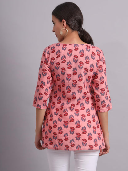 Patlani WomenS Cotton Printed Short Fullstitched Kurti/Kurtas. Pink