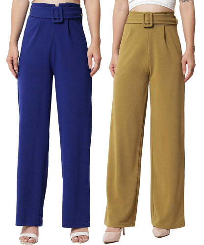 Kotty Pack Of 2 Women Flared Fit Multicolor Viscose Rayon Trousers