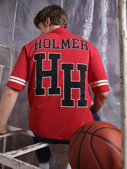 Hubberholme Men Printed Oversized V-Neck Half Sleeves Tshirts 39 Red