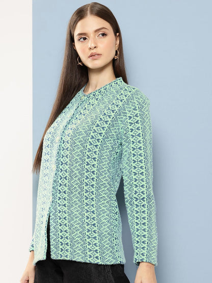 Aarika Womens Casual Wear Green Colour Zig Zag Woolen Cardigan (S-L)