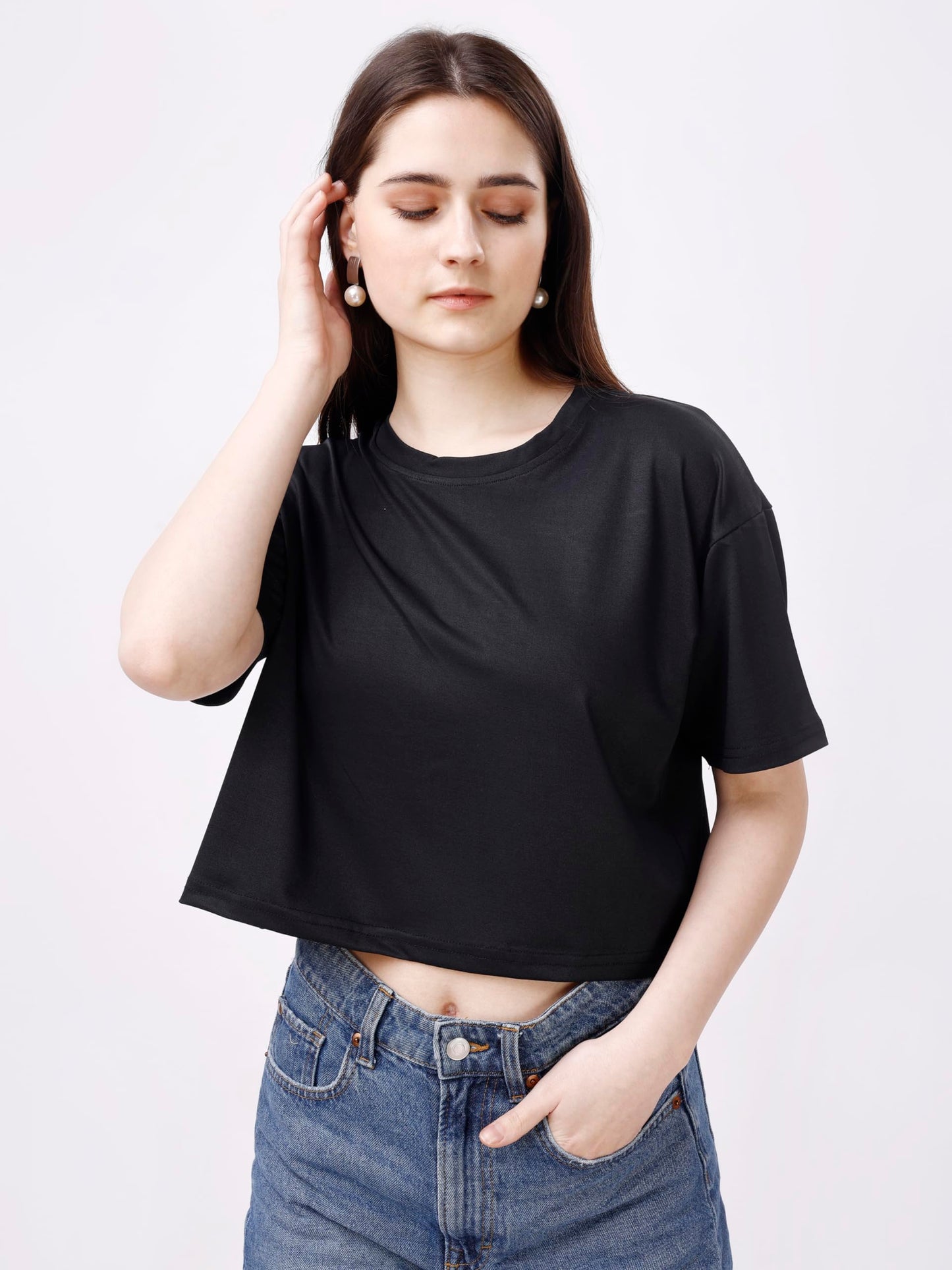 ELLITI Soft Rich Cotton Black Half Sleeve | Round Neck | Oversized/Loose Fit | Down Solder | Plain/Soild Crop Top for Women (Siz
