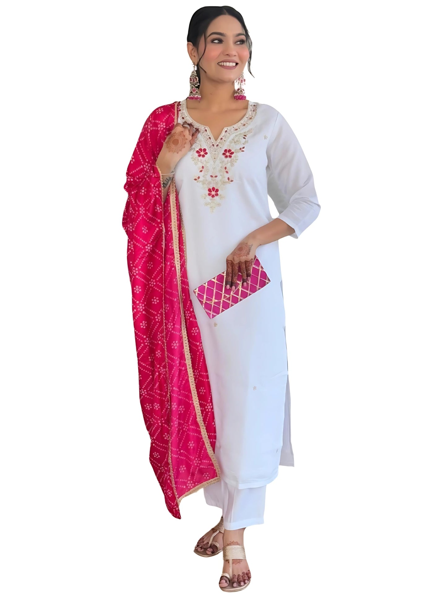 Naixa WomenS White Bsy Viscose Embroidered Straight Kurta With Bsy Viscose Pant And Silk Blend Laced Dupatta Sets (Nx-646-White