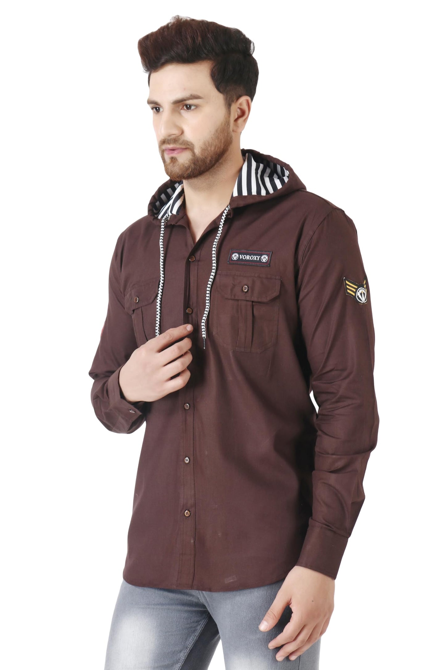 Besix MenS Brown Tailored Fit Cotton Blend Shirt For Man With Hoodie - Casual Long Sleeve Shirt With Pockets - Patch Detail For