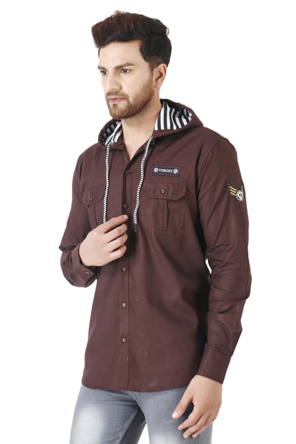 Besix MenS Brown Tailored Fit Cotton Blend Shirt For Man With Hoodie - Casual Long Sleeve Shirt With Pockets - Patch Detail For
