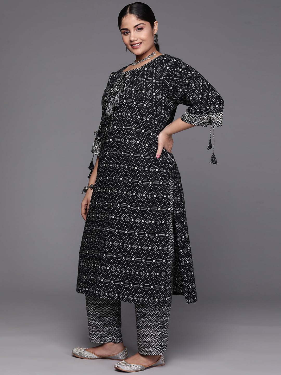 Extra Love By Libas Plus Size Womens Printed Cotton Straight Kurta With Trousers And Dupatta