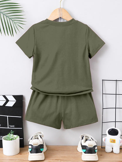 AVANOVA Boys Mehandi 2pcs Young Boy Loose Comfortable T-Shirt With Los Angeles Print And Shorts, Casual Cute Style Suitable For
