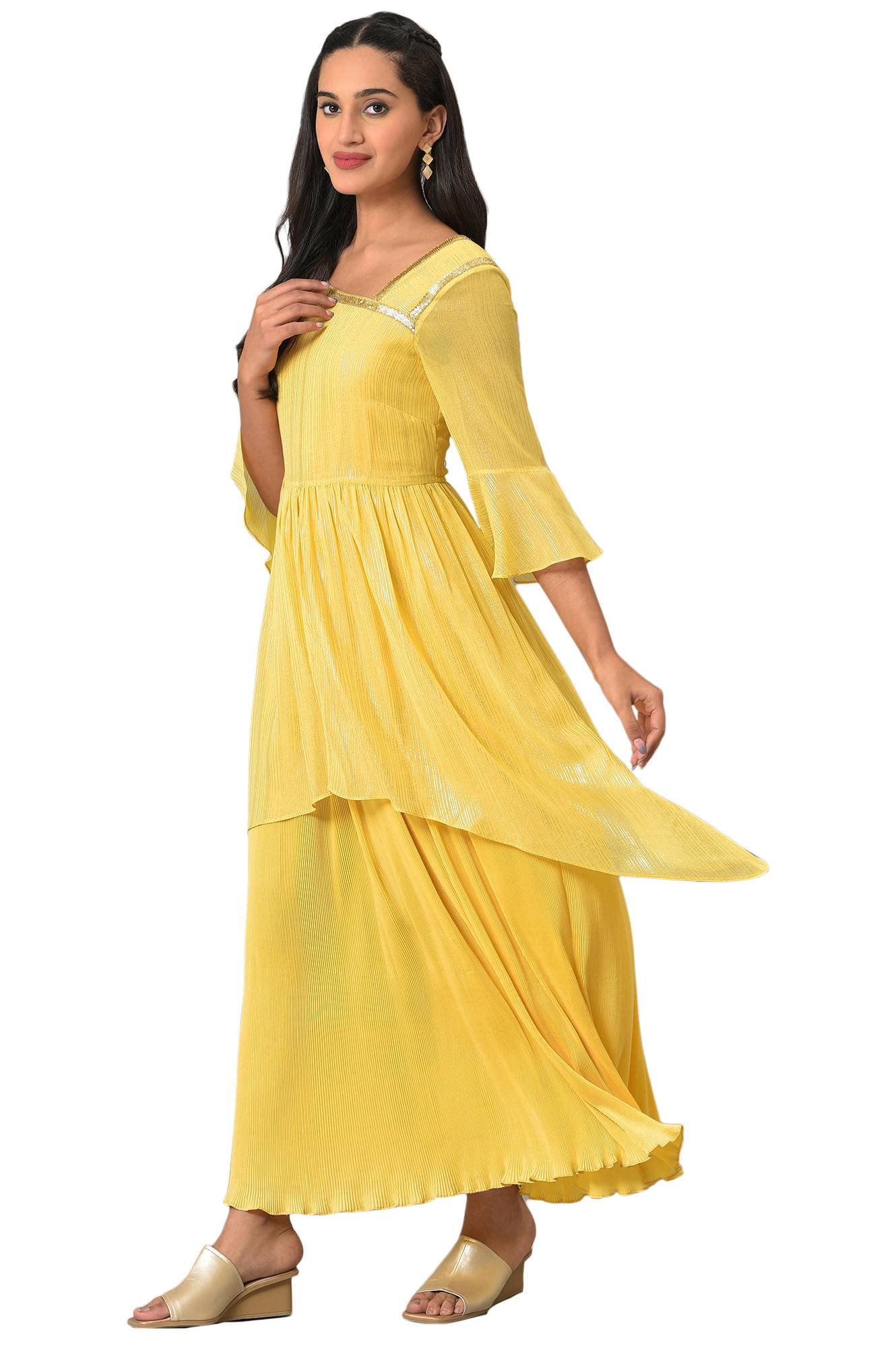 Aurelia WomenS Polyester Fit And Flare Midi Dress (23Fea14004-507007_Yellow