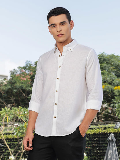 Thomas Scott Mens | Solid | Premium Irish Linen | Full Sleeve | Button Down Collar | Casual | Shirt for Men White