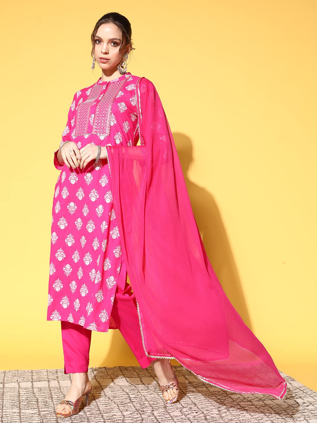 ishin Women's Cotton Pink Embroidered A-Line Kurta Trouser Dupatta Set