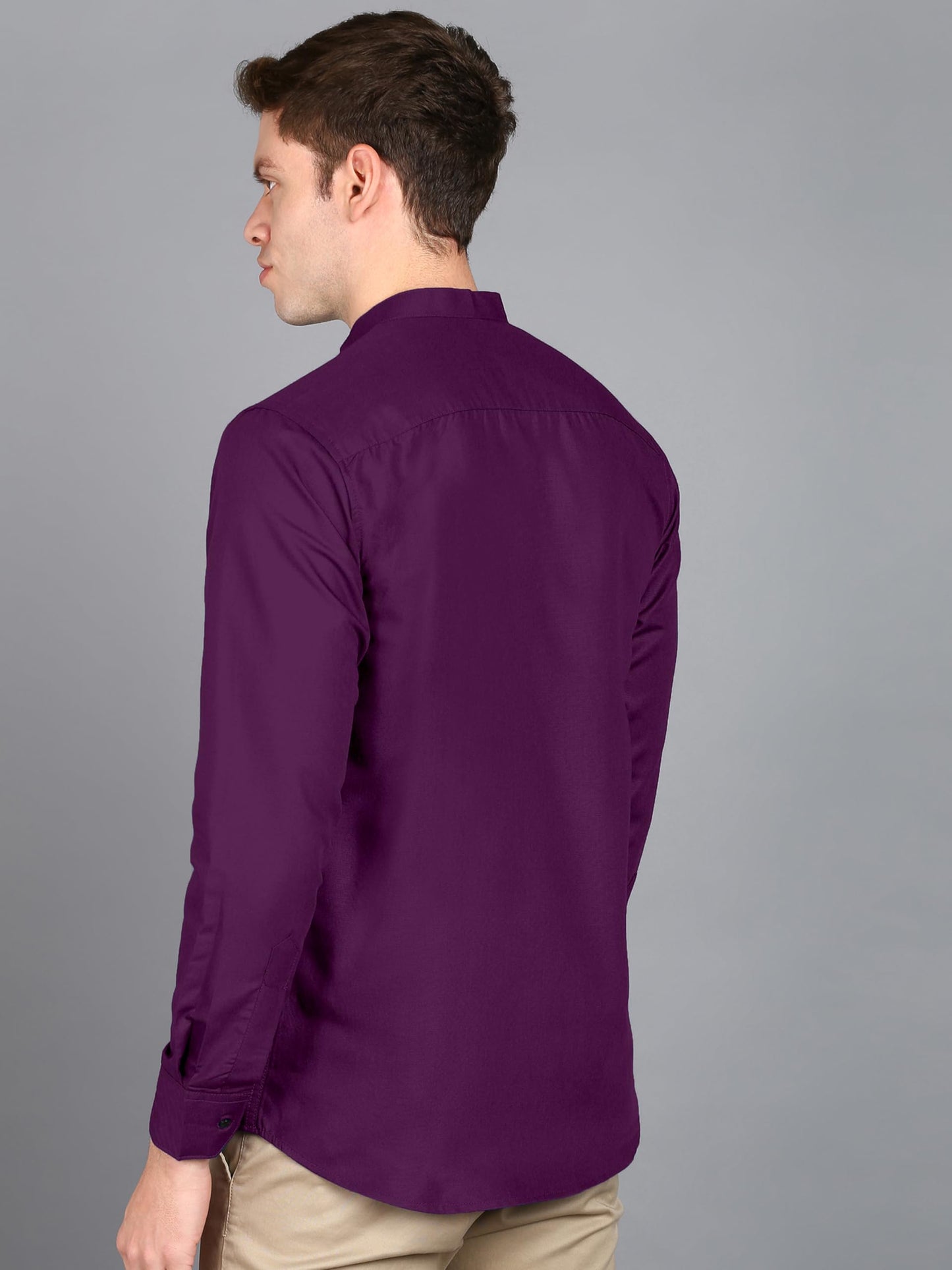Mildin MenS Regular Cotton Blend Purple Slim Fit Solid Button Down Mandarin Chinese Collar Full Sleeve Curved Hemline Casual Sh