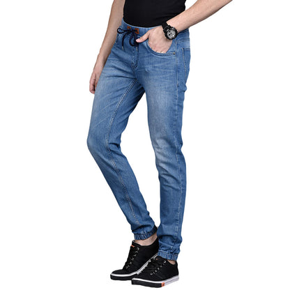 Campus Sutra Mens Classic Blue Light-Washed Regular Fit Denim Jeans | Elasticated Hem Drawstring Mid-Rise Stretchable Cotton Den