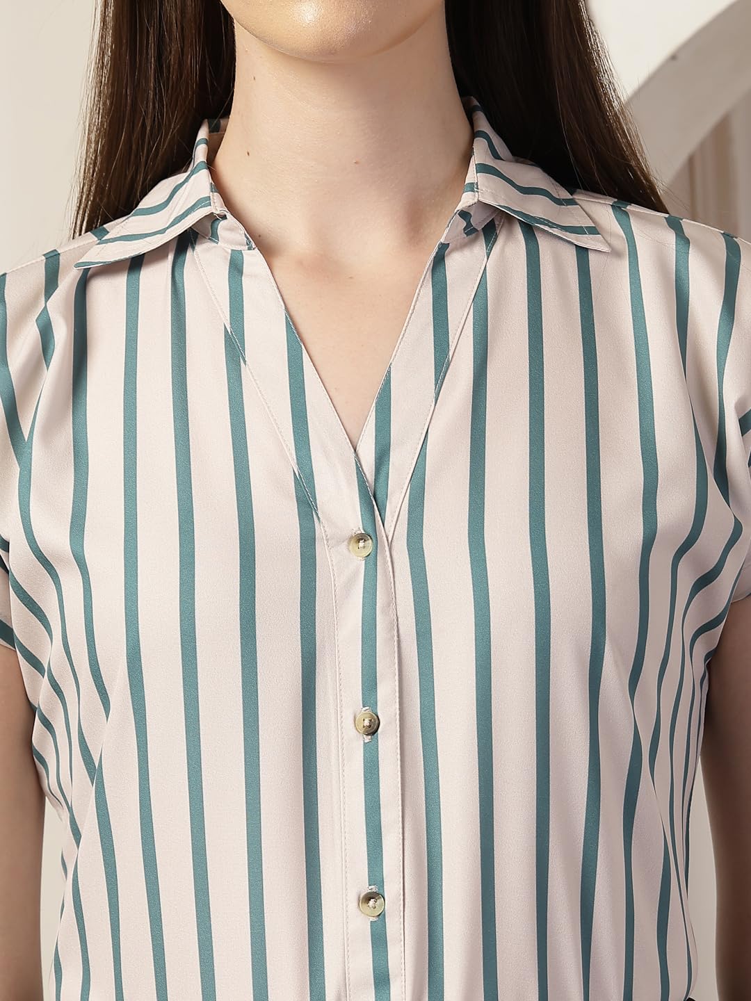 Style Quotient Women Beige and Teal Polycrepe Regular Fit Formal Shirt