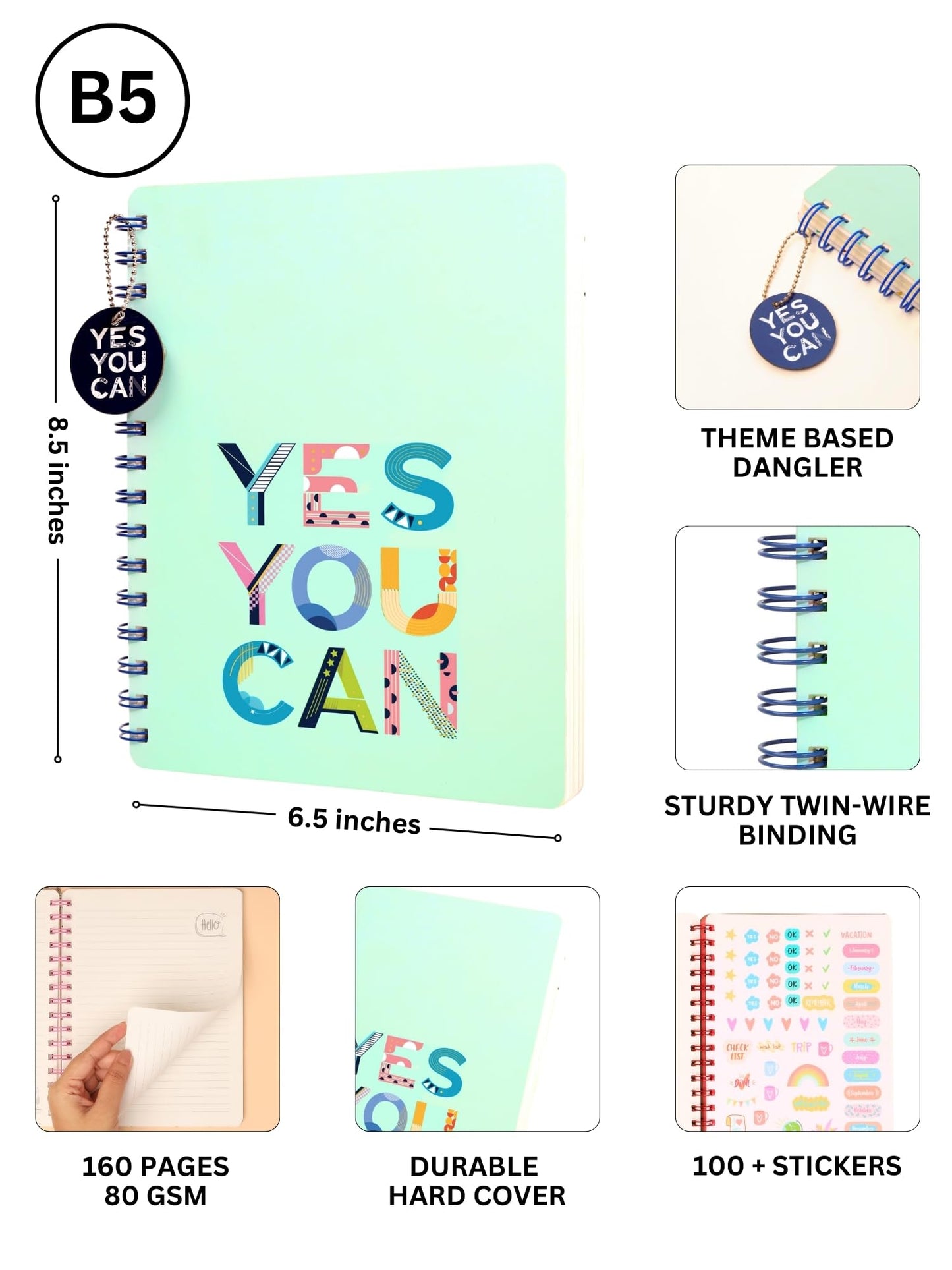 Doodle Hardbound Spiral Notebook Diary With Bookmark Dangler And 100+ Stickers | B5 | 160 Undated Ruled Pages | 80 Gsm Acid Free