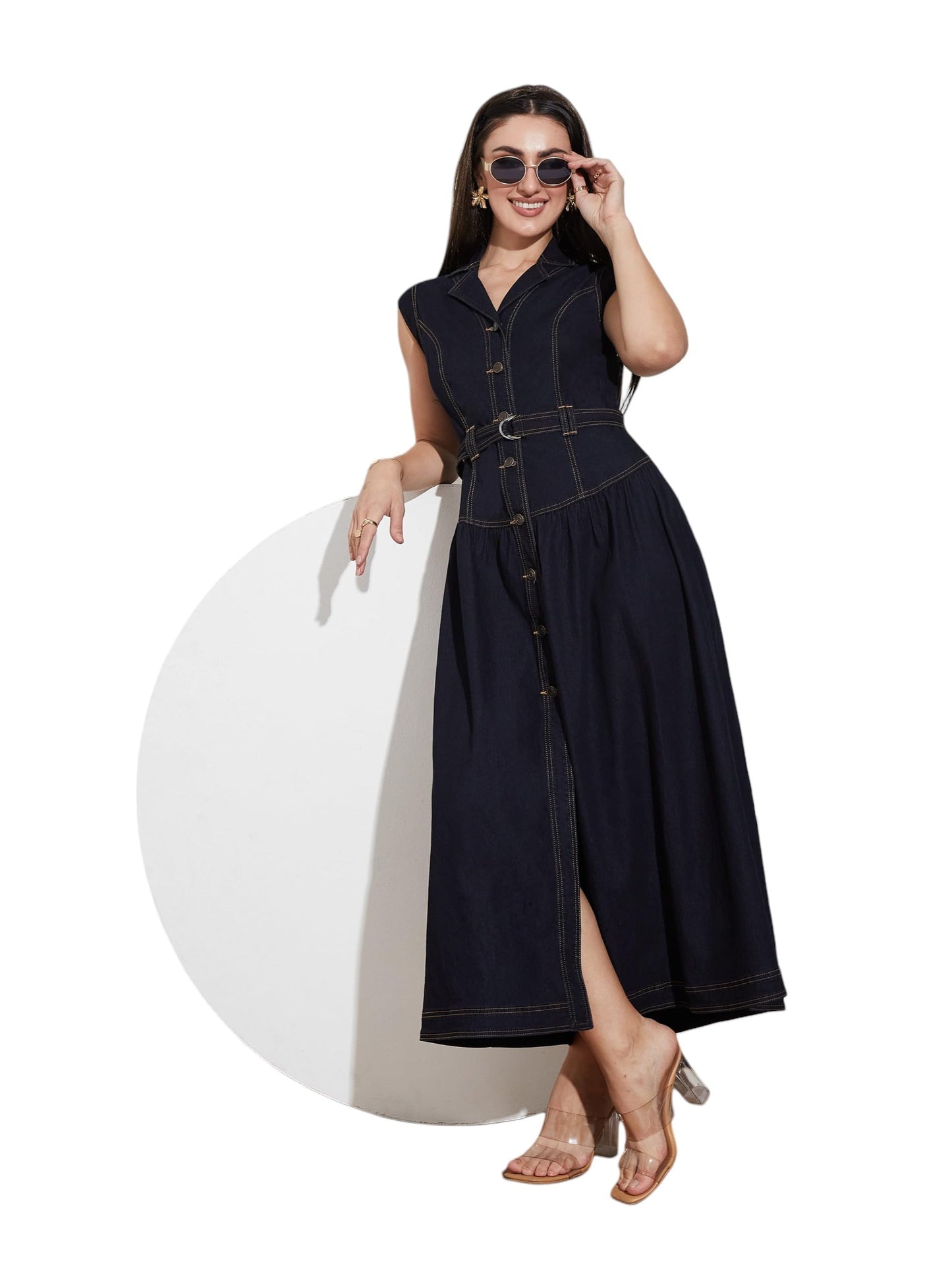 Miss Chase Womens Notched-Collar Sleeveless Waist Maxi-Length Light Weight Denim Shirt Dress (MCSS25DEN04-65-57-03, Dark Blue, S