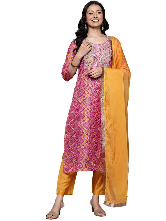 Varanga Women Pink Chevron Printed Zari Embroidered Kurta Paired with Bottom and Dupatta