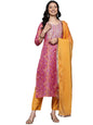 Varanga Women Pink Chevron Printed Zari Embroidered Kurta Paired with Bottom and Dupatta