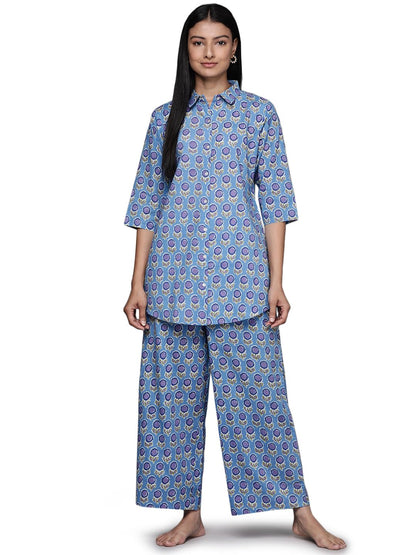 Libas Womens Printed Cotton Night Suit Set For Women Blue