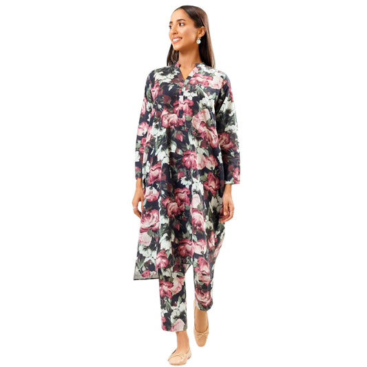 Gufrina Women's Black Floral Printed Long Kurta Set with Straight Pants - Full Sleeve V-Neck Rayon Casual Wear