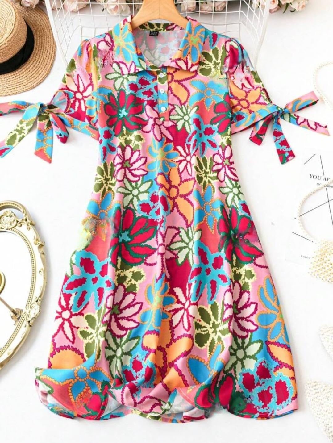 Gufrina Dresses For Women | Short Sleeve |All Over Floral Print| Collar-Neck And Regular Sleeves |Front Open Button & High Waist