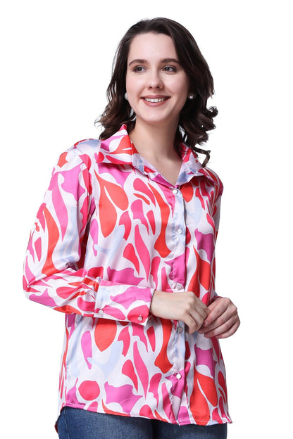 POPWINGS Printed Full-Sleeves Regular-Fit Satin Printed Shirt for Women Stylish Western Casual Wear Pink