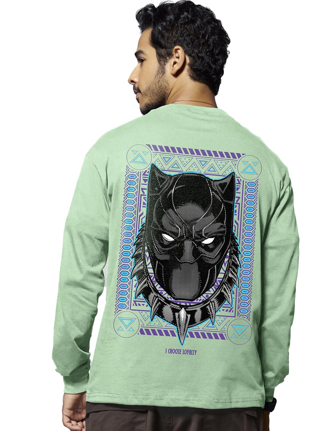 Bewakoof Official Marvel Merchandise Mens Graphic Printed Oversized Full Sleeve Round Neck Cotton T-Shirt_575381_Green_XL