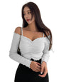 Sugathari Womens White Solid Colour Open Cold Off Shoulder Long Sleeve Lettuce Hem Casual Autumn Trim Tight- Slim Fitting Ruche