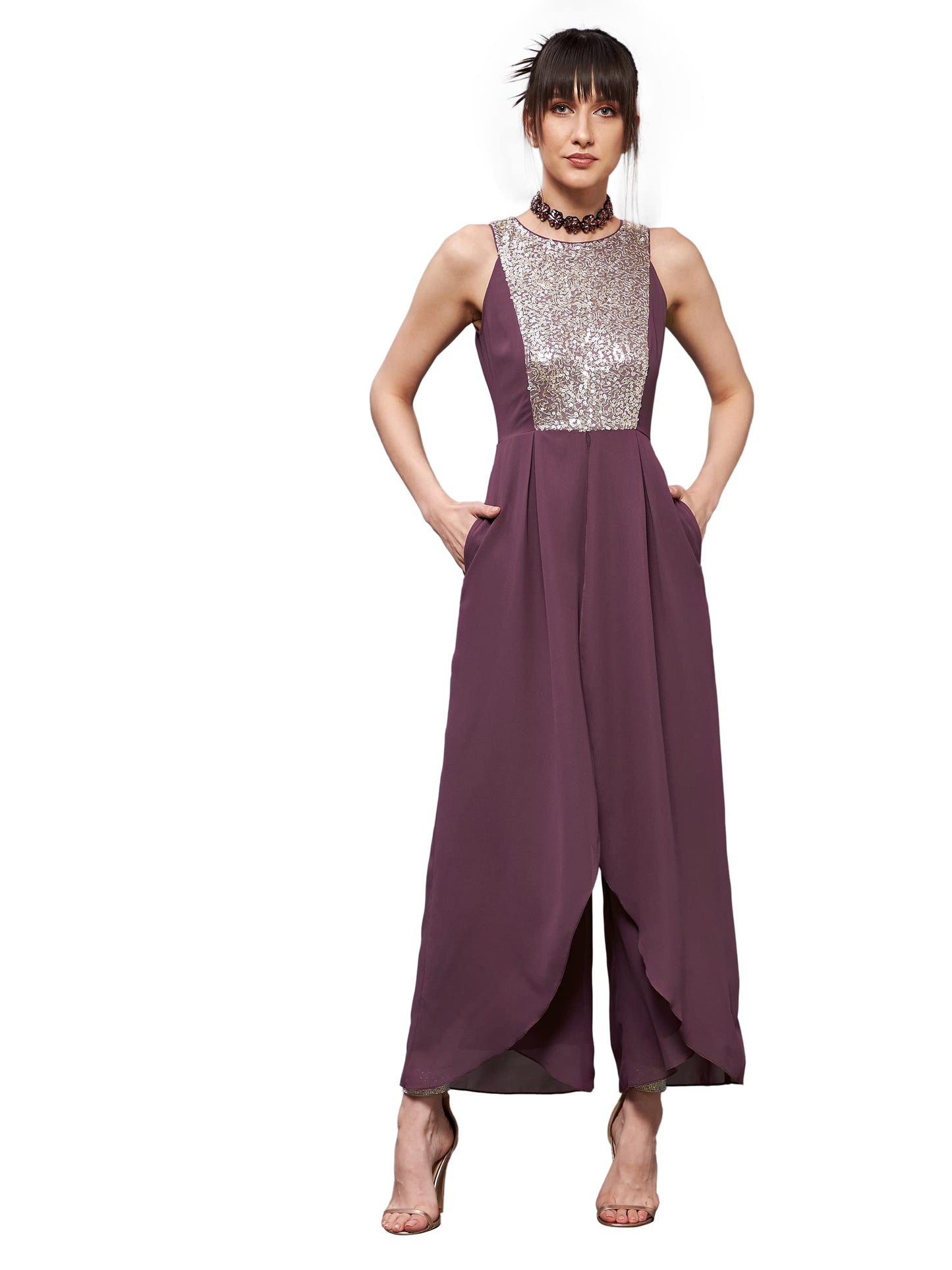 Miss Chase WomenS Mauve Halter Sleeveless Embellished Pleated Layered Regular Jumpsuit (Mcaw21D04-89-271-05, Mauve, L)