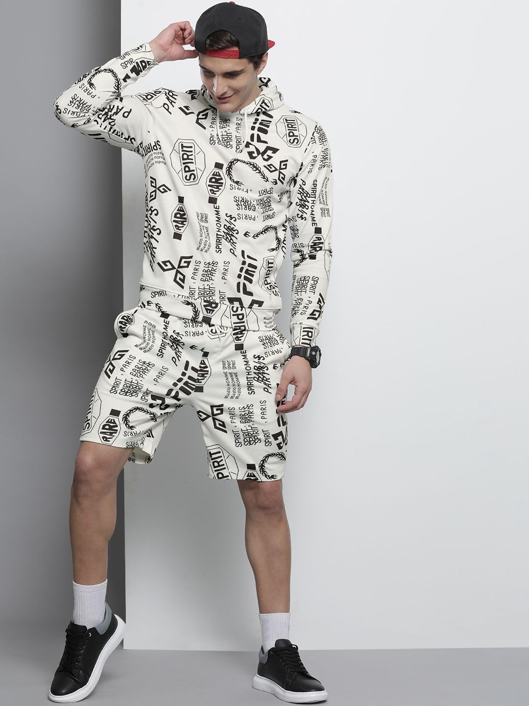 The Indian Garage Co Men White Regular Fit Abstract Print Hooded Sweatshirt