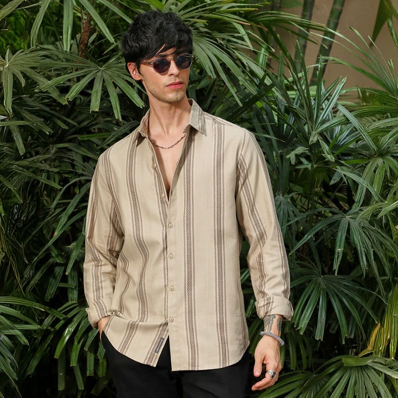 Campus Sutra Mens Bisque Beige Halo-Striped Shirt for Casual Wear | Spread Collar | Long Sleeve | Button Closure | Shirt Crafte