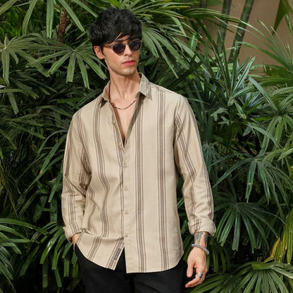 Campus Sutra Mens Bisque Beige Halo-Striped Shirt for Casual Wear | Spread Collar | Long Sleeve | Button Closure | Shirt Crafte