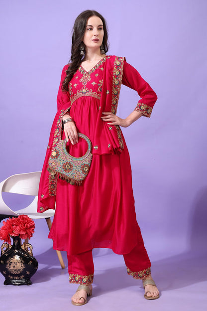 Pratham Blue WomenS Silk Embroidered Anarkali Kurta Palazzos With Dupatta |Kurta Sets For Women |Women Kurta |Women Embroidered