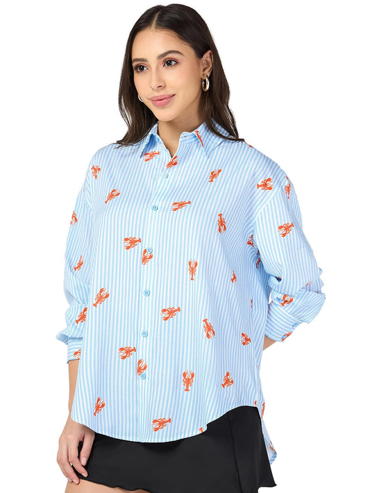 Bewakoof Women Women All Over Printed Oversized Fit Full Sleeve Collar All Over Printed Shirt_685524_Blue_M
