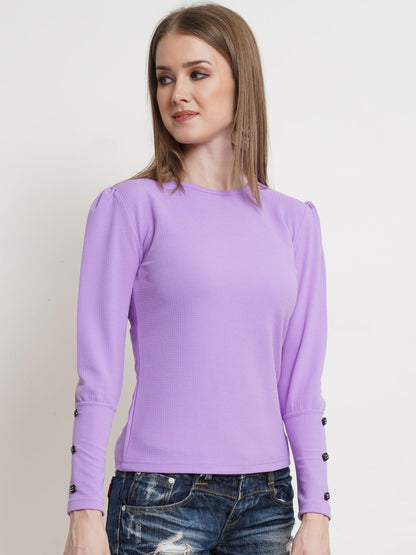 POPWINGS Casual Solid Puff Button Long Sleeves Tops for Women || Summer Round Neck Tops for Women || Stylish Western Top for Jea