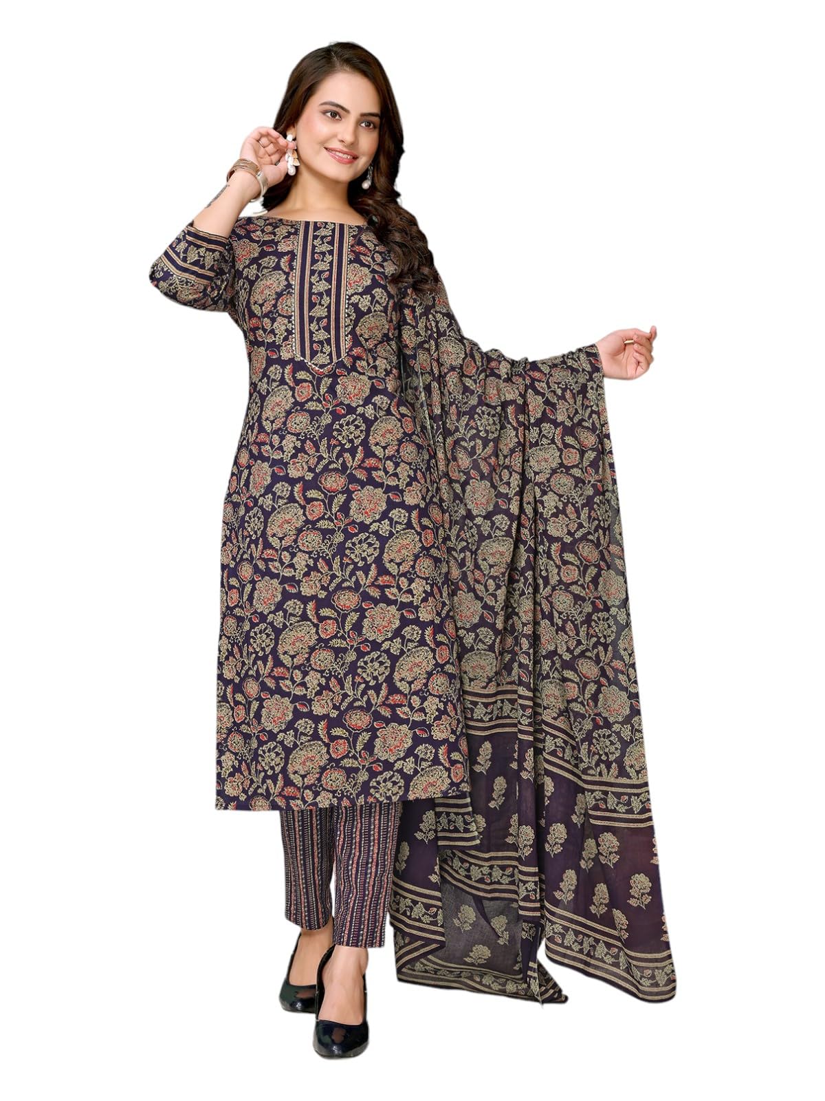 rangita Navy Blue Cotton Printed Straight Kurta with Pant and Dupatta | Kurta Set for Women