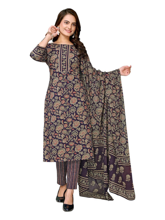 rangita Navy Blue Cotton Printed Straight Kurta with Pant and Dupatta | Kurta Set for Women