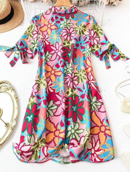 Gufrina Dresses For Women | Short Sleeve |All Over Floral Print| Collar-Neck And Regular Sleeves |Front Open Button & High Waist