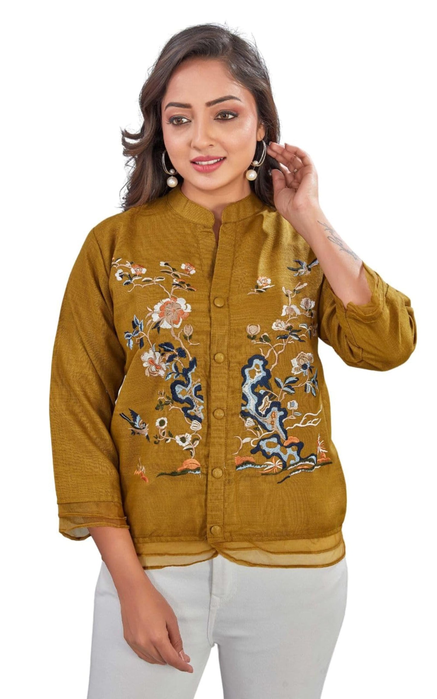 Kesudi WomenS Embroidered Button-Down Shirt For WomenS | Casual Wear Floral Design Tunic Shirt | 3/4 Sleeve Mandarin Collar Sh
