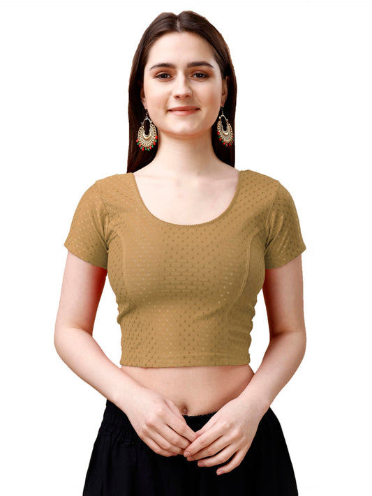 Pujia Mills WomenS Readymade Dobby Cotton Lycra Stretchable Round Neck Short Sleeve Blouse Fancy Gold Color Lycra Stretchable B