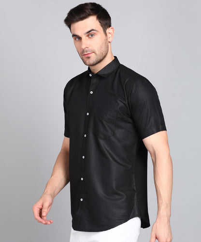 Mildin MenS Cotton Blend Solid Shirt With Spread Collared Half Sleeve Curved Hemline Button Closure Regular Fit And One Pocket