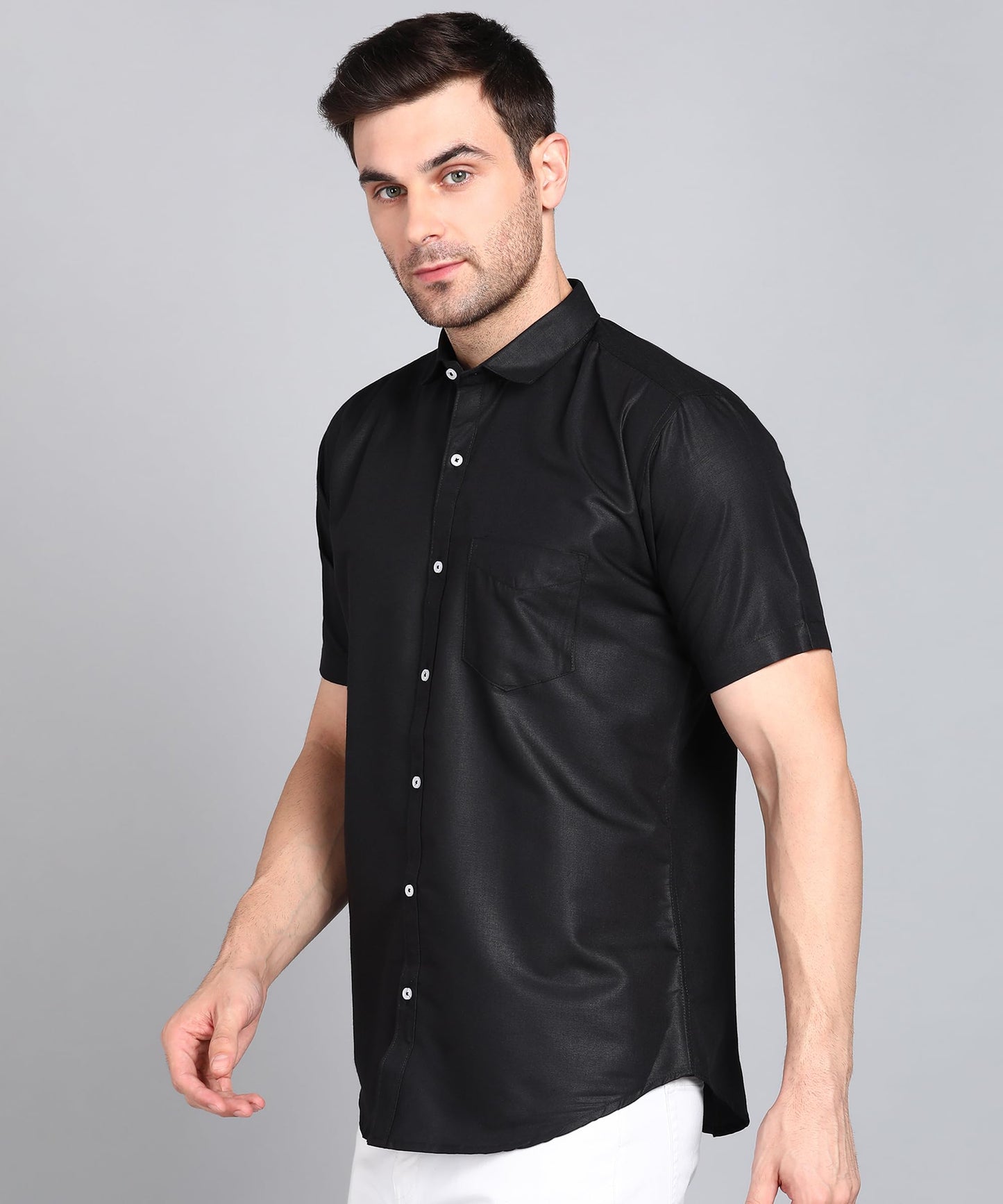 Mildin MenS Regular Cotton Blend Black Slim Fit Solid Button Down Spread Collar Half Sleeve Curved Hemline Formal Shirt With On