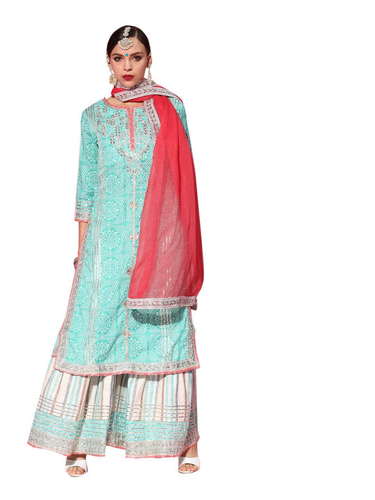 ishin Women's Pure Cotton Green Embroidered A-Line Kurta Suit Set with Dupatta & Sharara