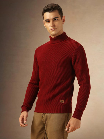 Dennis Lingo Men Regular Fit Acrylic Solid Full Sleeves Turtle Neck Pullover Sweater Maroon