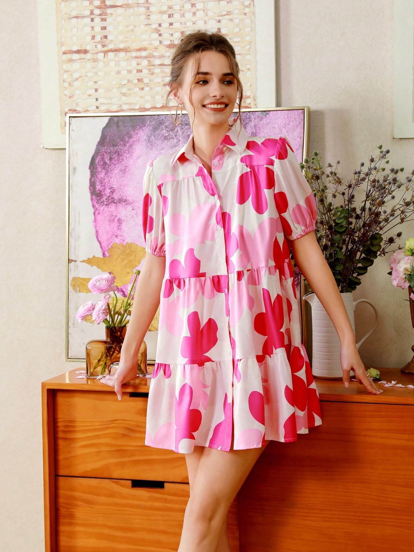 Shasmi WomenS Pink Flower Print Short Sleeve Button Front All-Over Printed Dresses, Ruffle Hem Smock Dress For Woman (161 Dress