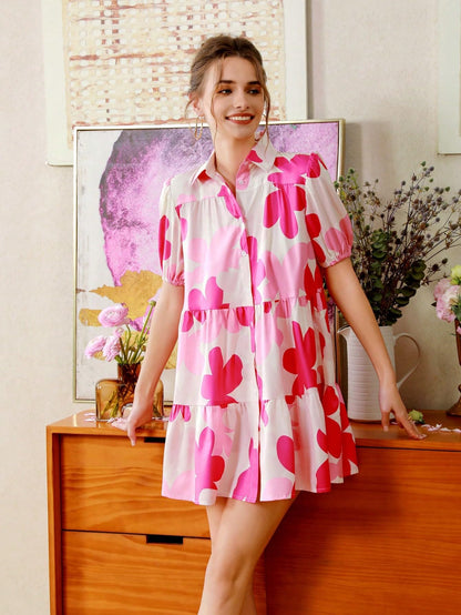 Shasmi WomenS Pink Flower Print Short Sleeve Button Front All-Over Printed Dresses, Ruffle Hem Smock Dress For Woman (161 Dress