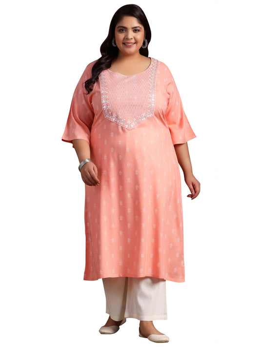 Extra Love By Libas Women'S Rayon Blend Woven Design Straight Kurta (25450_Peach_5Xl)
