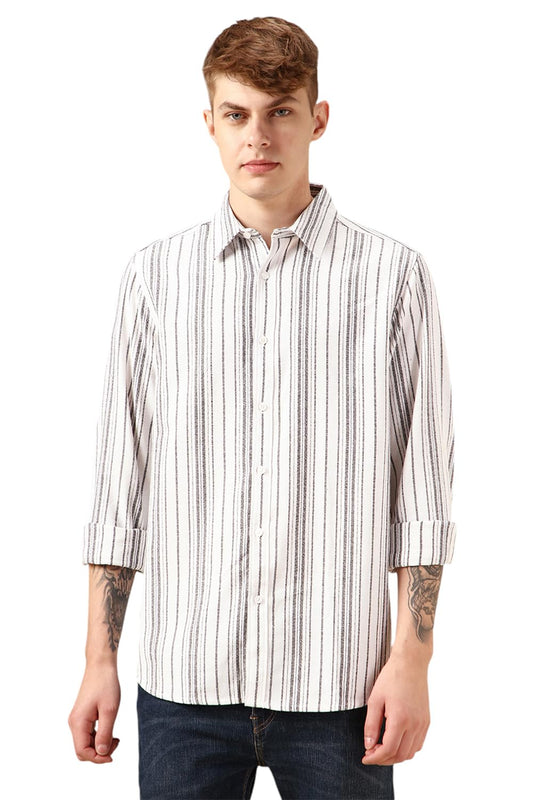Dennis Lingo Men White 100% Cotton Full Sleeve Spread Collar Stripes Shirts