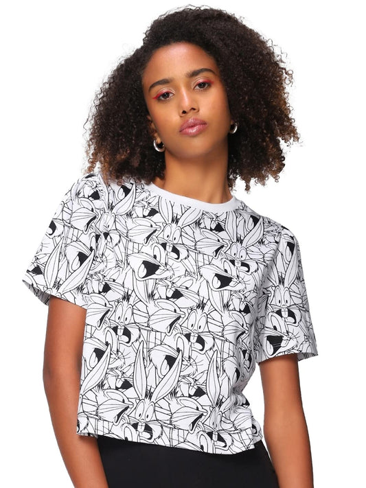 Bewakoof Womens Bugs Bunny Cartoon White Round Neck Puff Sleeve T-Shirt